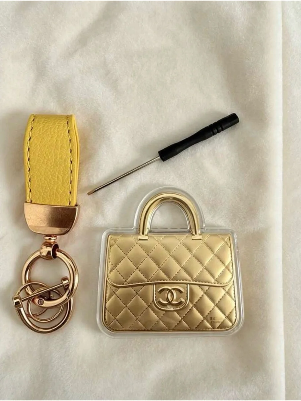 Gold Quilted Handbag Key Holder with Yellow Strap